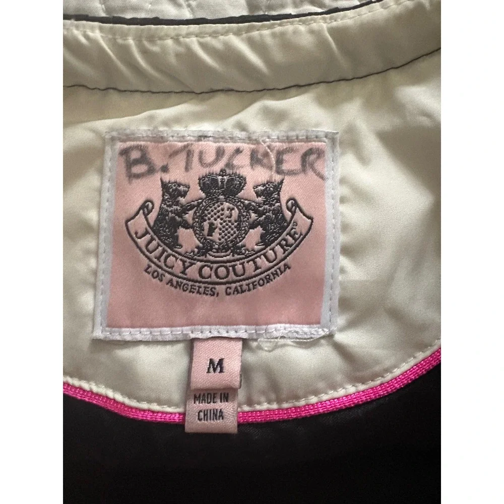 Juicy Couture Kid Size M Cream Puffer Jacket Black Ruffle Trim Gold Accent Y2K M